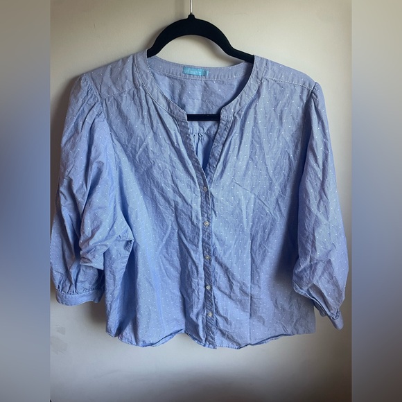 J McLaughlin Size XL Blue White Thin Stripe Cotton Shirt Blouse 3/4 Sleeves (J) - Picture 2 of 6